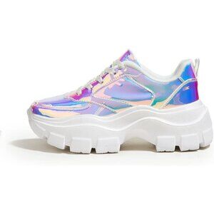 🆕 Women White Chunky Platform Sneakers Lace-Up Casual Fashion Walking Shoes